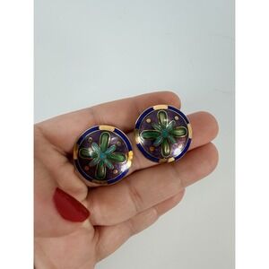 Cloisonné Earrings Blue Green Purple And Gold Post Back Vintage MCM